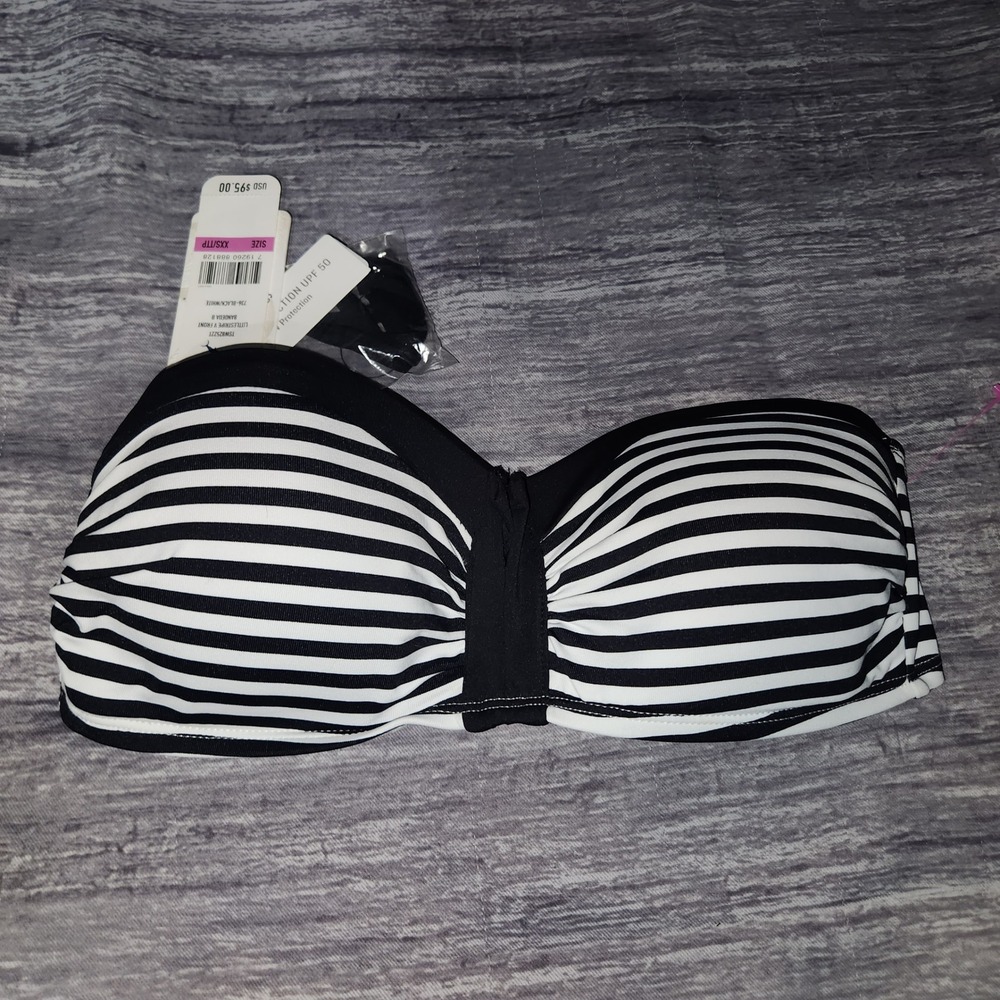 Tommy Bahama Little Stripe V front Bandeau Bikini Top Black‎ White XXS NWT